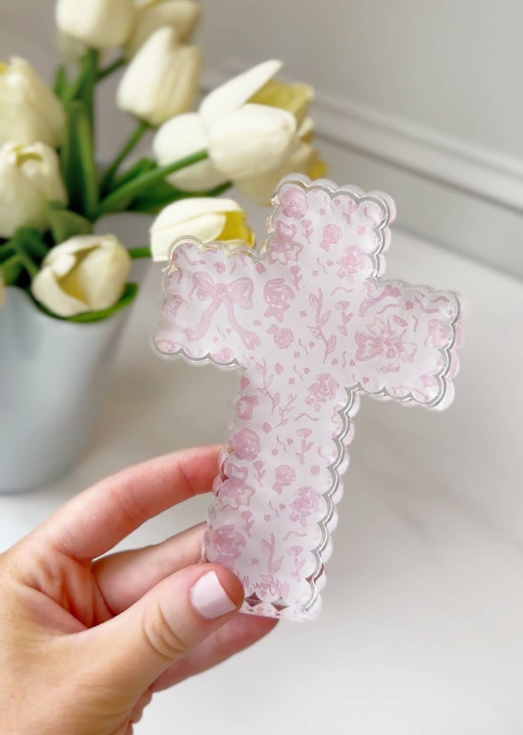 Scalloped Acrylic Cross Blocks : Blue Pattern Cross