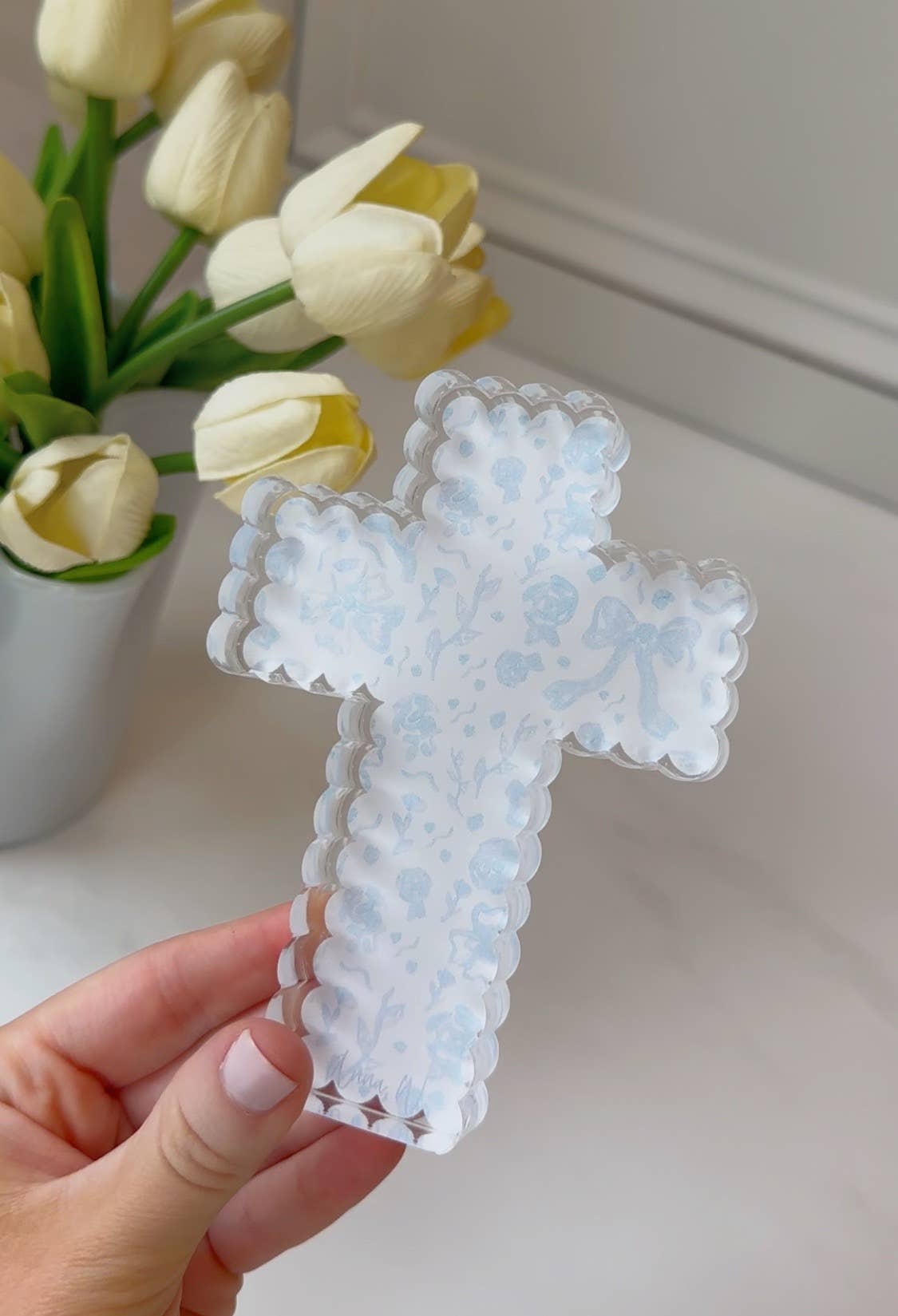 Scalloped Acrylic Cross Blocks : Blue Pattern Cross