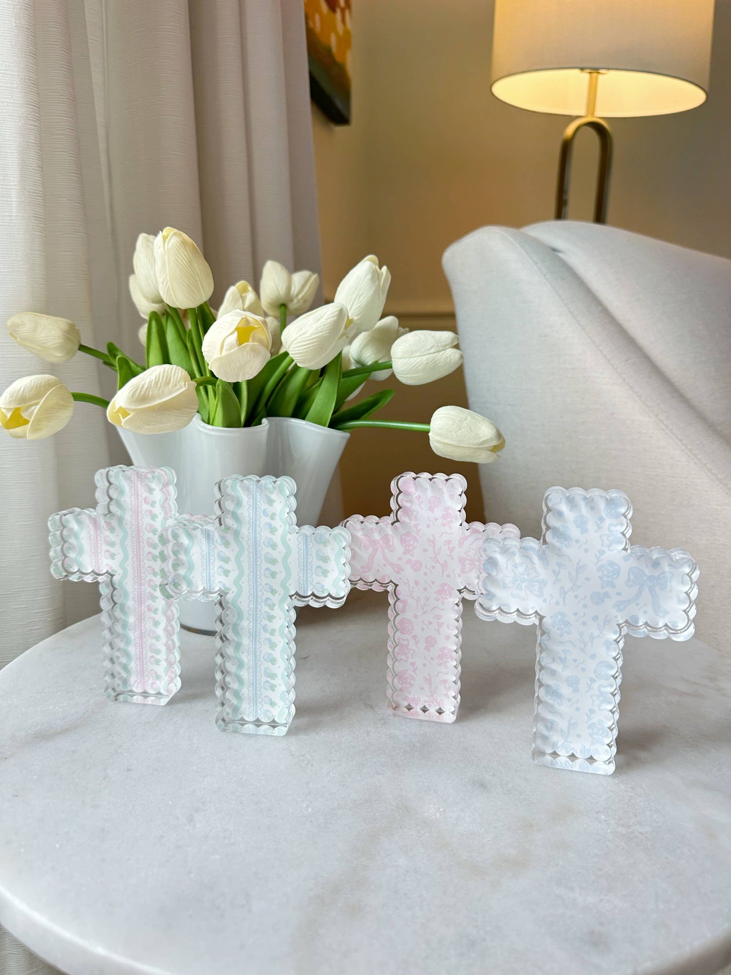 Scalloped Acrylic Cross Blocks : Blue Pattern Cross