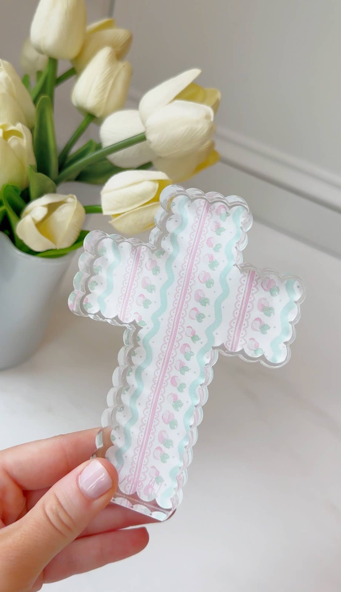 Scalloped Acrylic Cross Blocks : Blue Pattern Cross