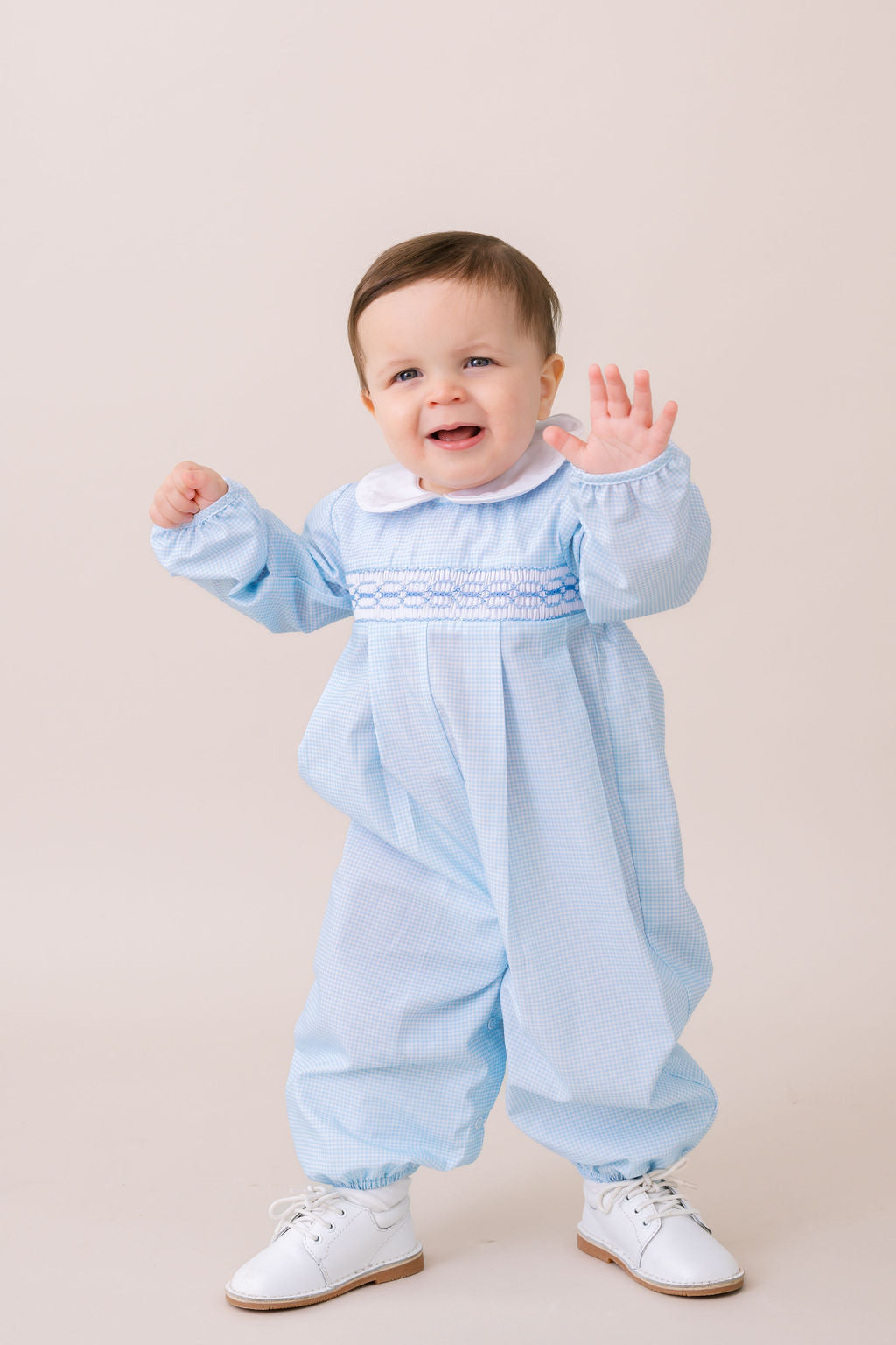Christopher Romper Long Sleeve - Baby Blue Minigingham
