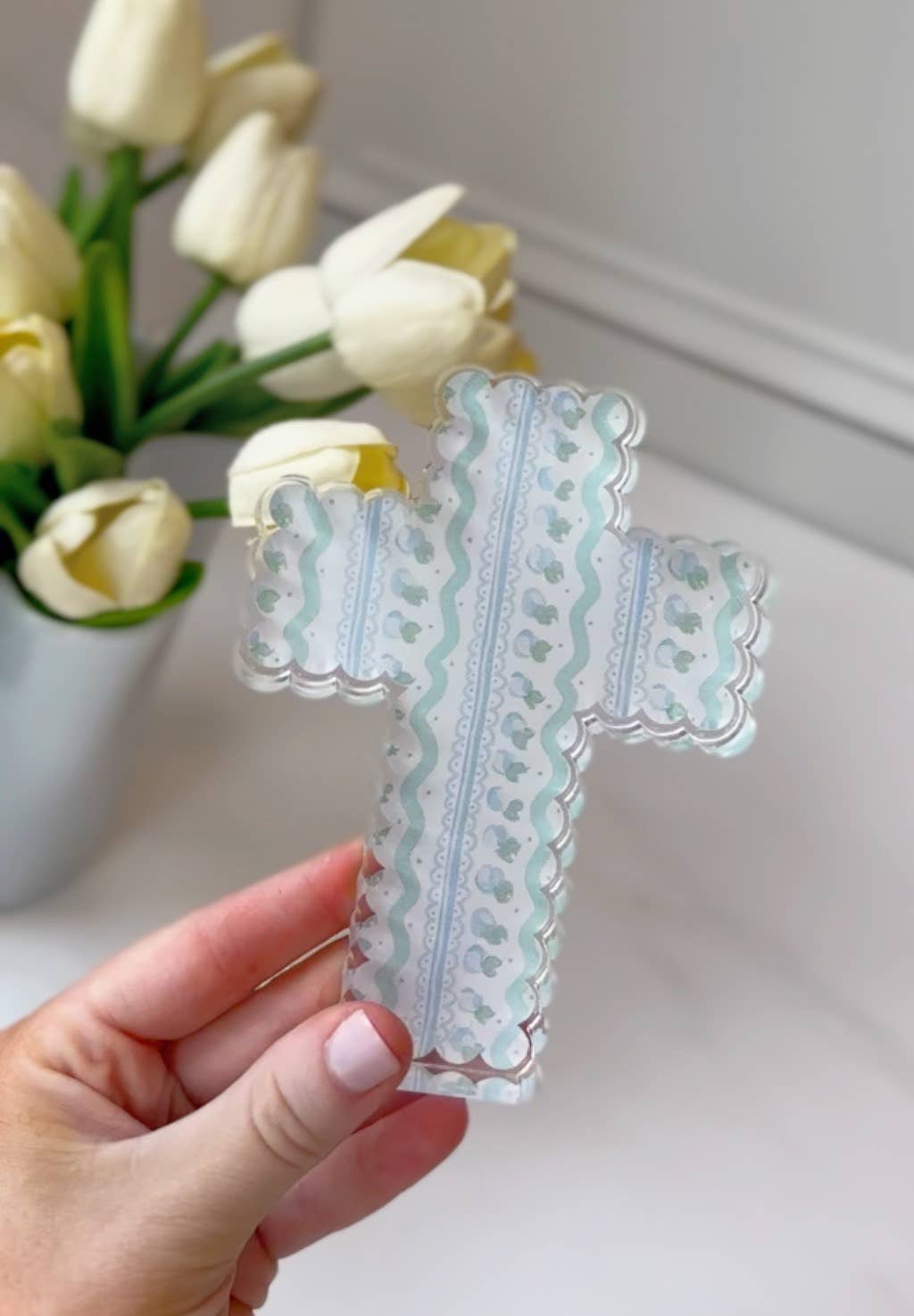 Scalloped Acrylic Cross Blocks : Blue Pattern Cross