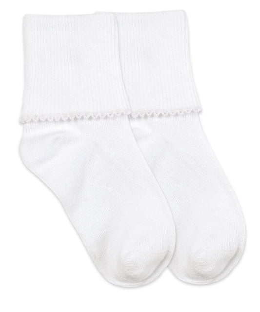 White tatted edge turn cuff socks