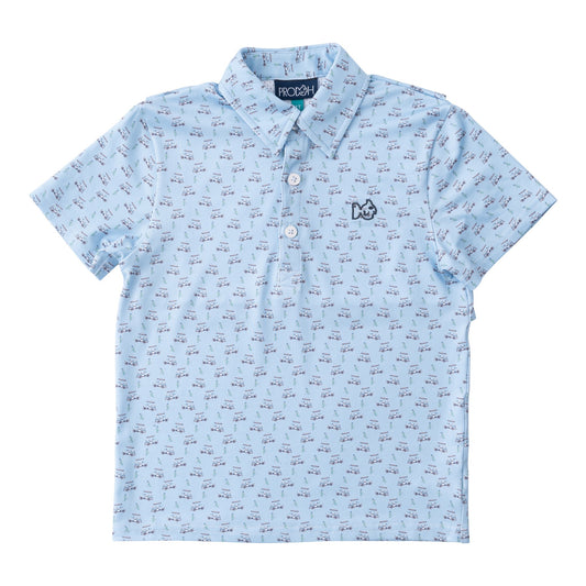 Boys' Short Sleeve Pro Performance Polo - Powder Blue Golf Cart Print