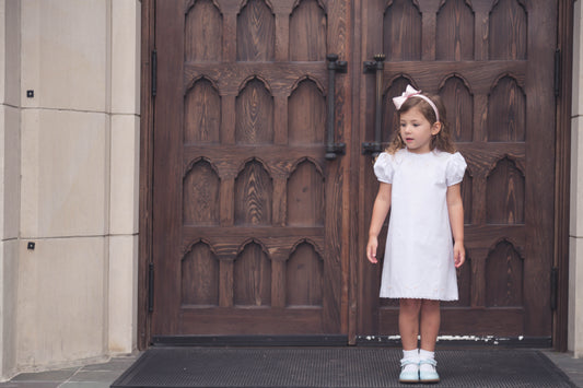 Ashtyn Dress - Blessings White with Blue Details