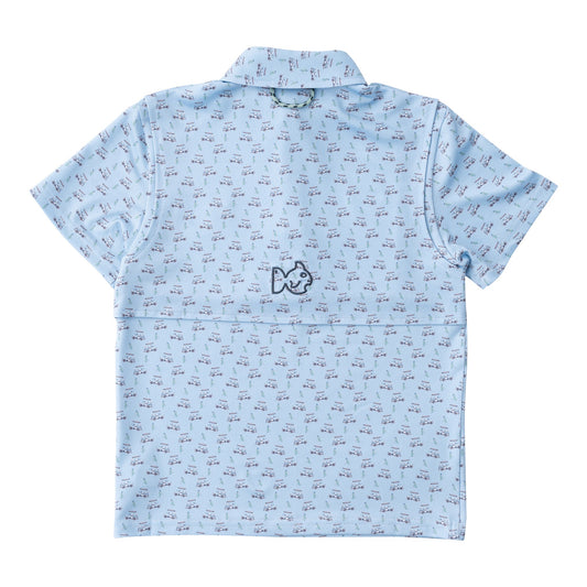 Boys' Short Sleeve Pro Performance Polo - Powder Blue Golf Cart Print