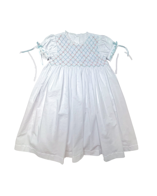 Heirloom Dress - White Batiste w/ Blue & Pink Smocking