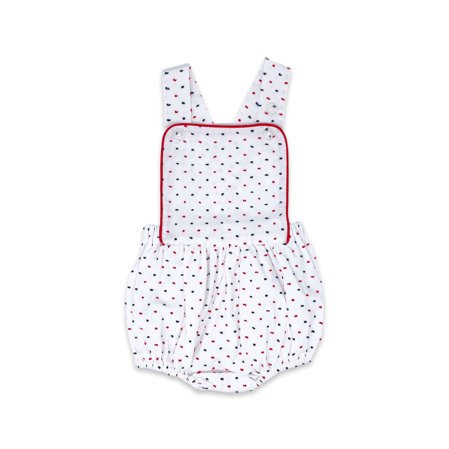 Arthur Apron - Navy and Red Swiss Dot