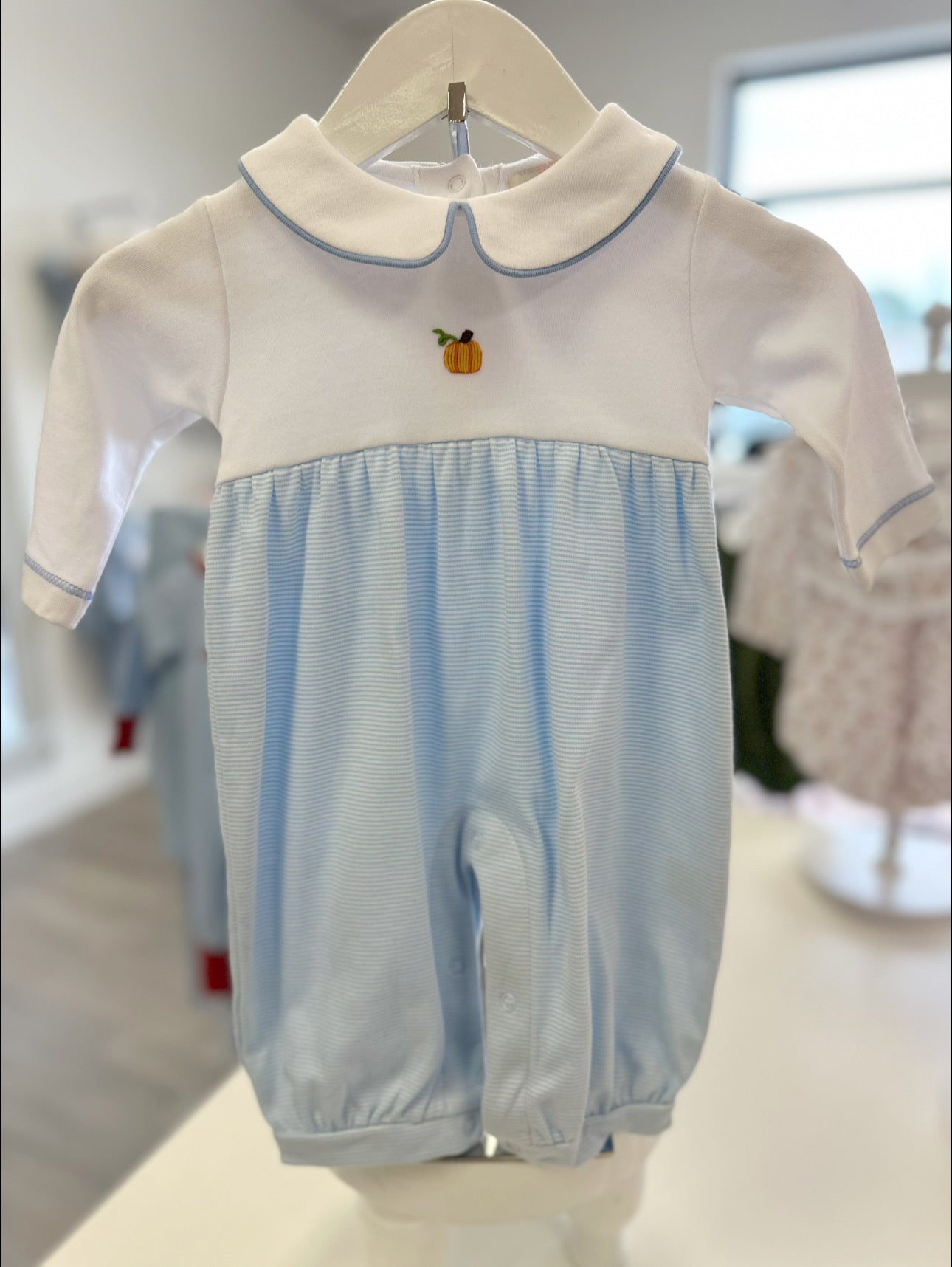 Blue Bitty Stripe Pumpkin Boy Romper