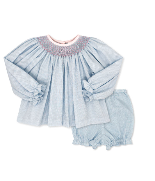 Betsy Bloomer Set-Baker blue minigingham with pink smocking