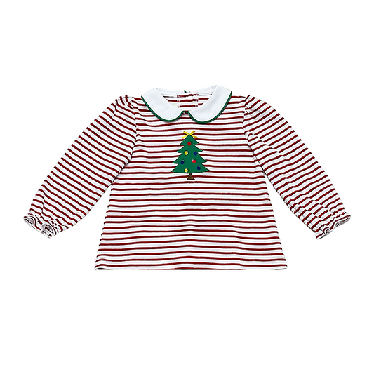 Girls Red Stripe Christmas Tree Shirt