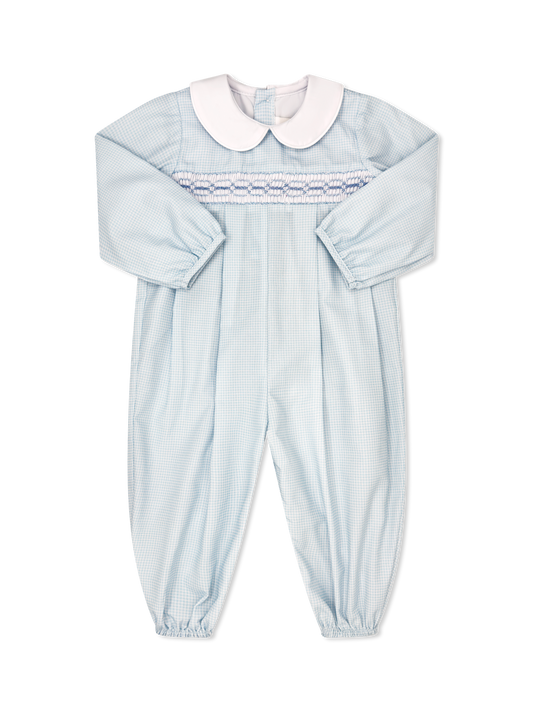 Christopher Romper Long Sleeve - Baby Blue Minigingham