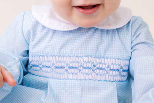 Christopher Romper Long Sleeve - Baby Blue Minigingham