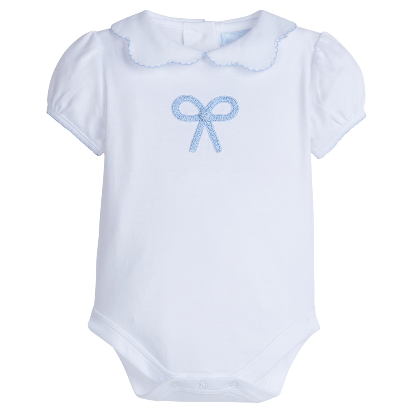 Crochet Peter Pan Onesie - Blue Bow