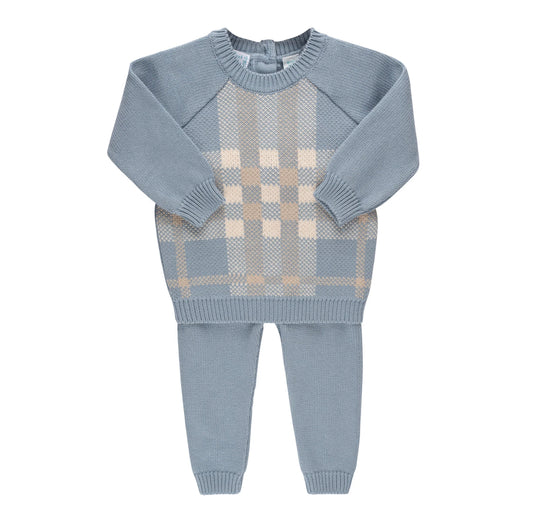 FB-Plaid Sweater Set-Blue