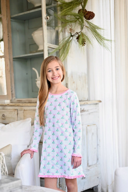 Girls Lounge Dress-Pink Christmas Trees