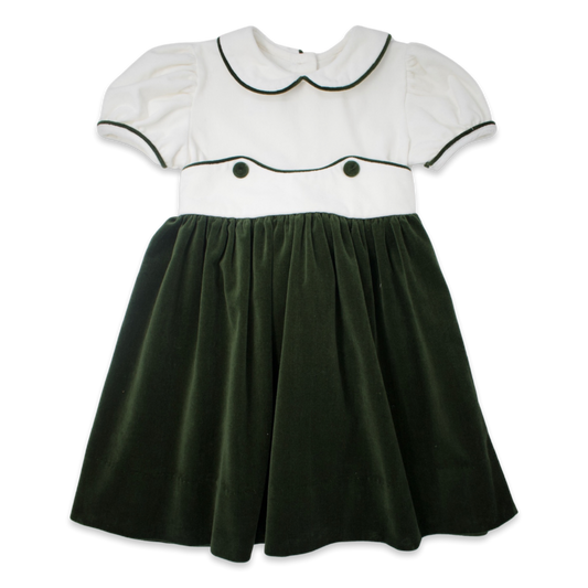 May May Dress - White, Green Velvet Holly