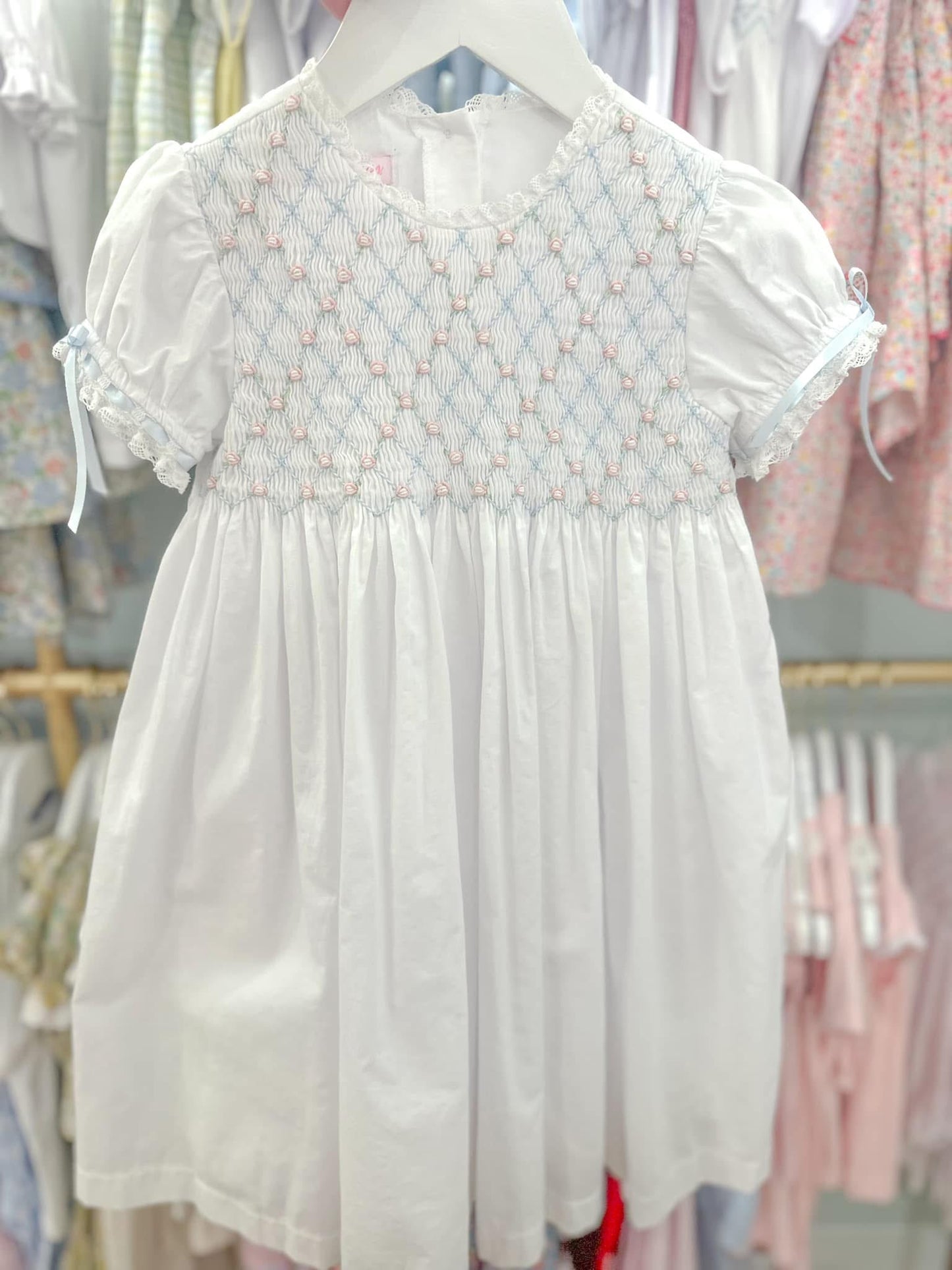 Heirloom Dress - White Batiste w/ Blue & Pink Smocking