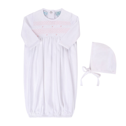 White/Pink Smocked Bullion Gown and Hat