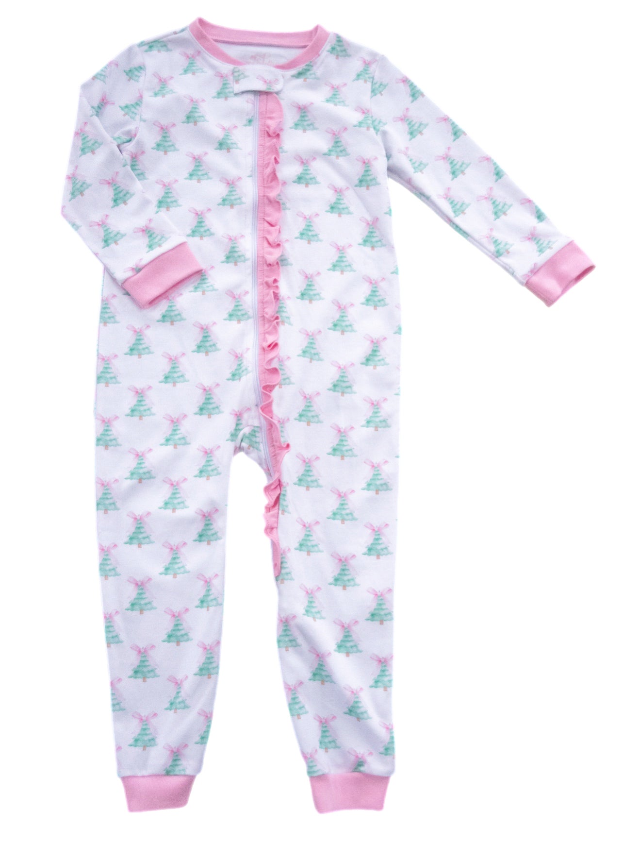 Girls One Piece Zip Jammies-Pink Christmas Tree