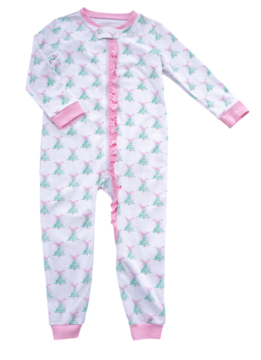 Girls One Piece Zip Jammies-Pink Christmas Tree