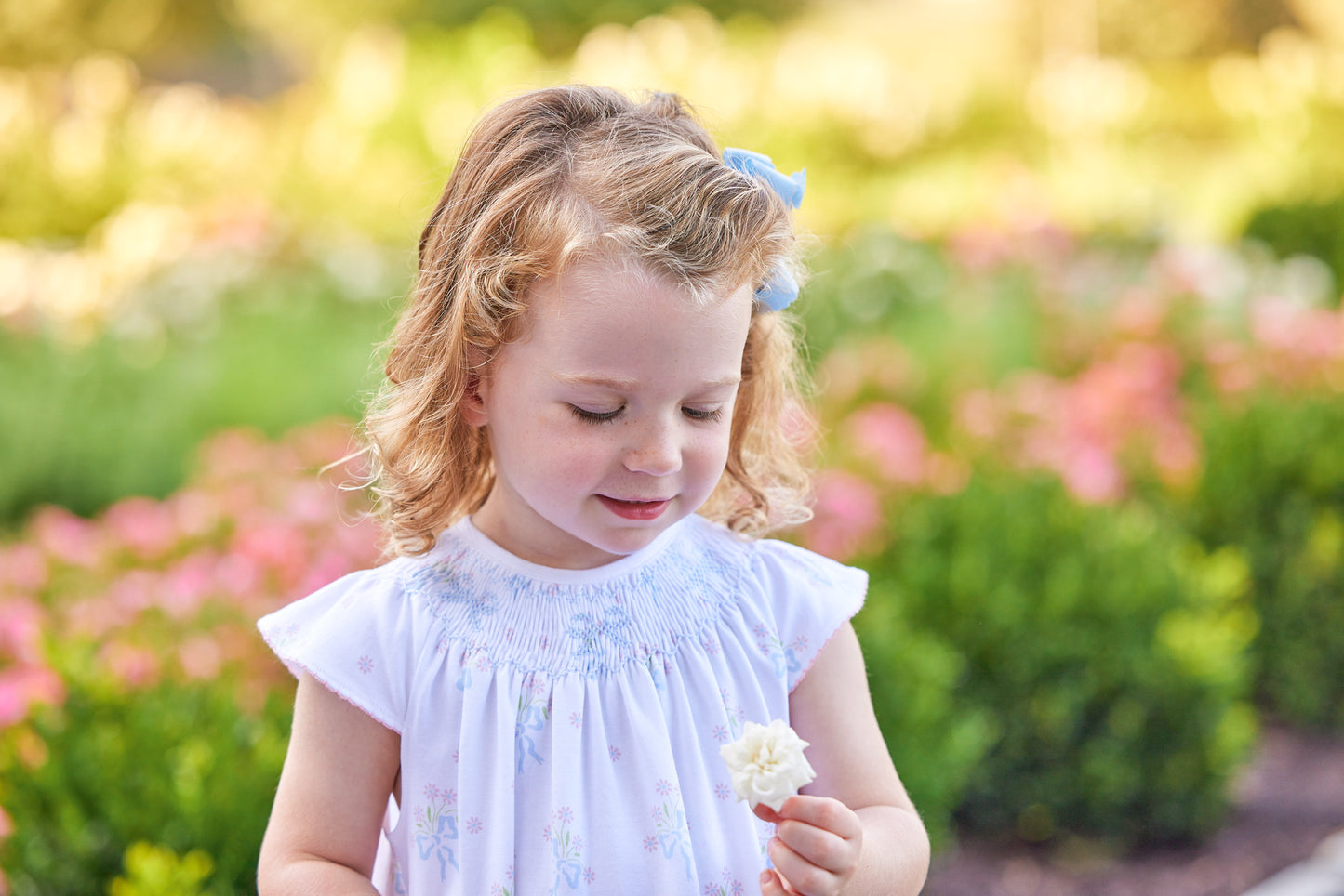 Smocked Bishop Dress - Blue Bow Bouquet